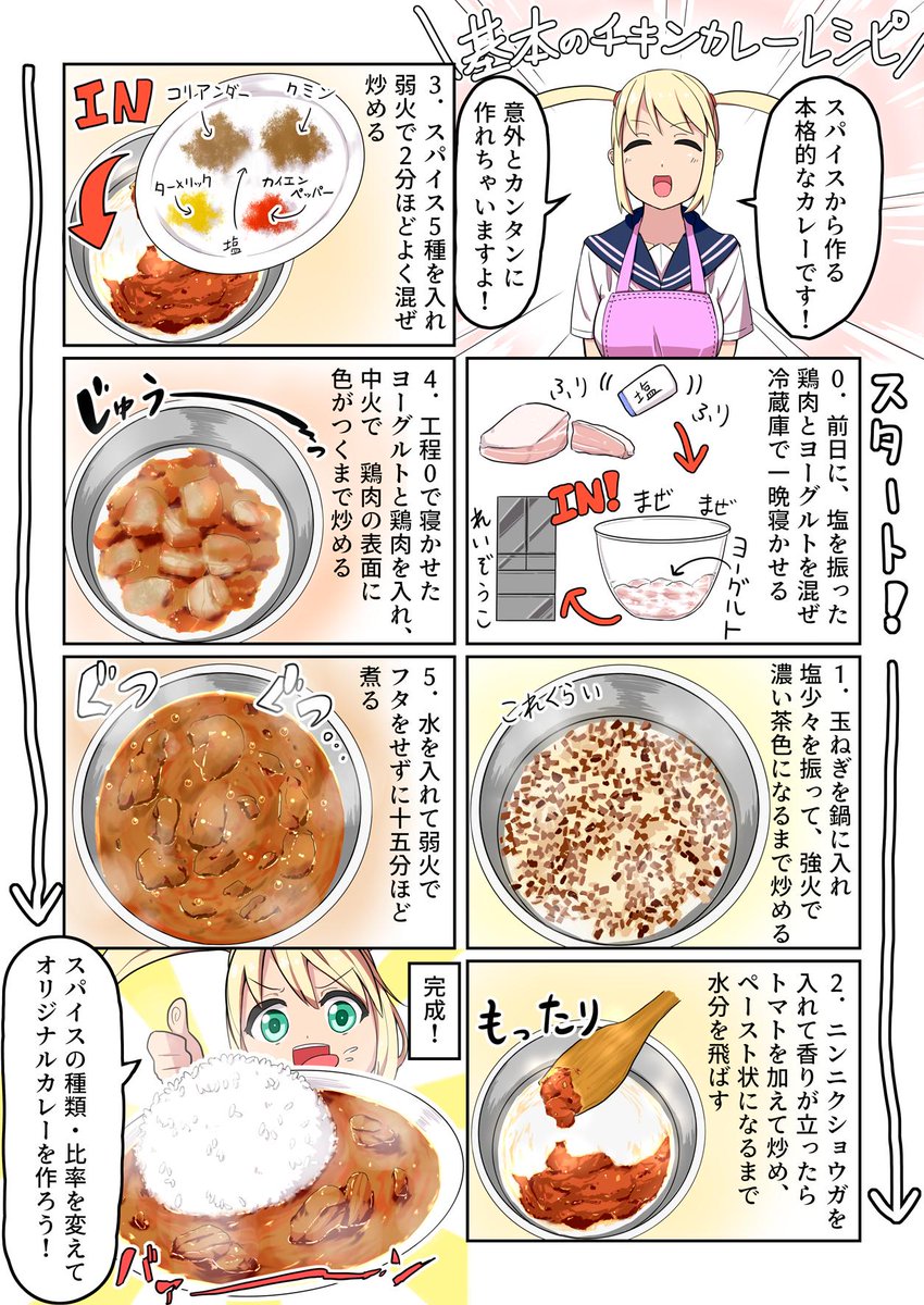 スパイスから作る、本格的なチキンカレーのレシピです。(2枚目は材料表)
スパイスは揃えるのが少し手間なだけで、調理難易度や一食分のコストはルウカレーとあんまり変わらないので、ぜひ挑戦してみてください。
スパイスの調合を自分で考えれば、自分だけのオリジナルレシピが出来上がりますよ!