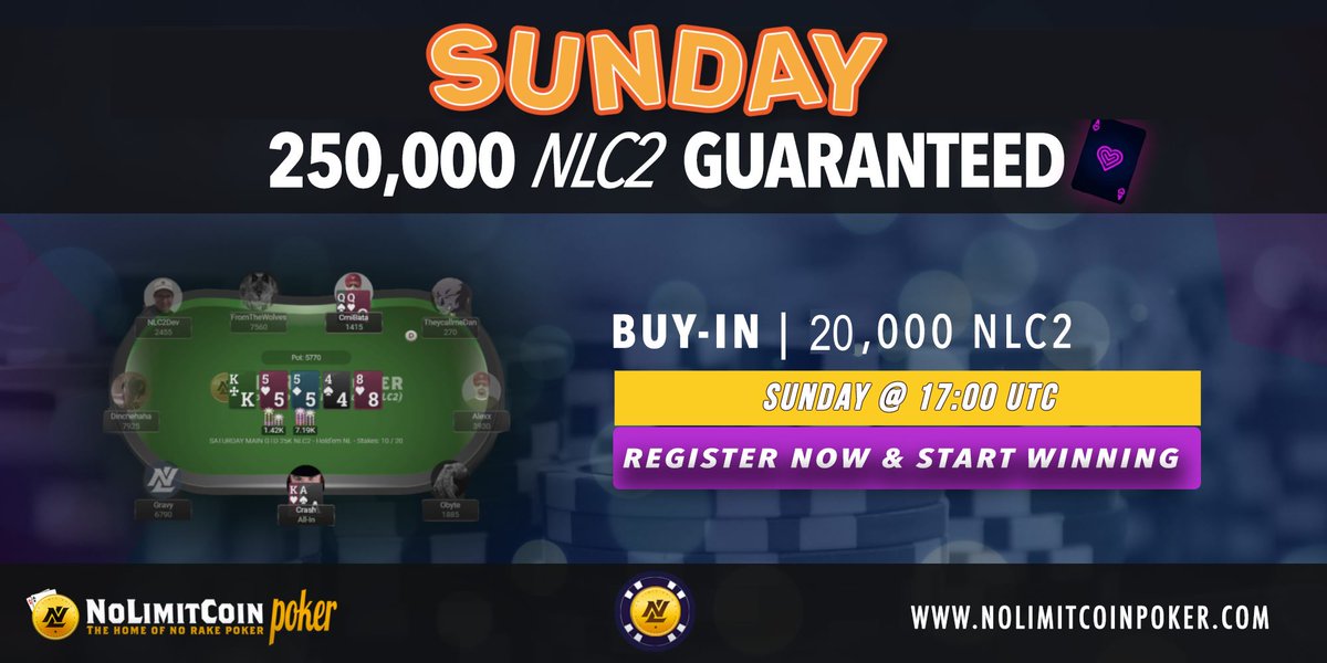 Happy weekend  ♥️♠️♦️♣️

Fill your Sunday with fun and try your hand at our Main 250K NLC2 GTD tournament 👉 bit.ly/2k8TdIz

#cryptopoker #poker #NLC2poker #onlinepoker #BTC #ETH #cryptocurrencies #pokertwitter #RakeFree #NLC2