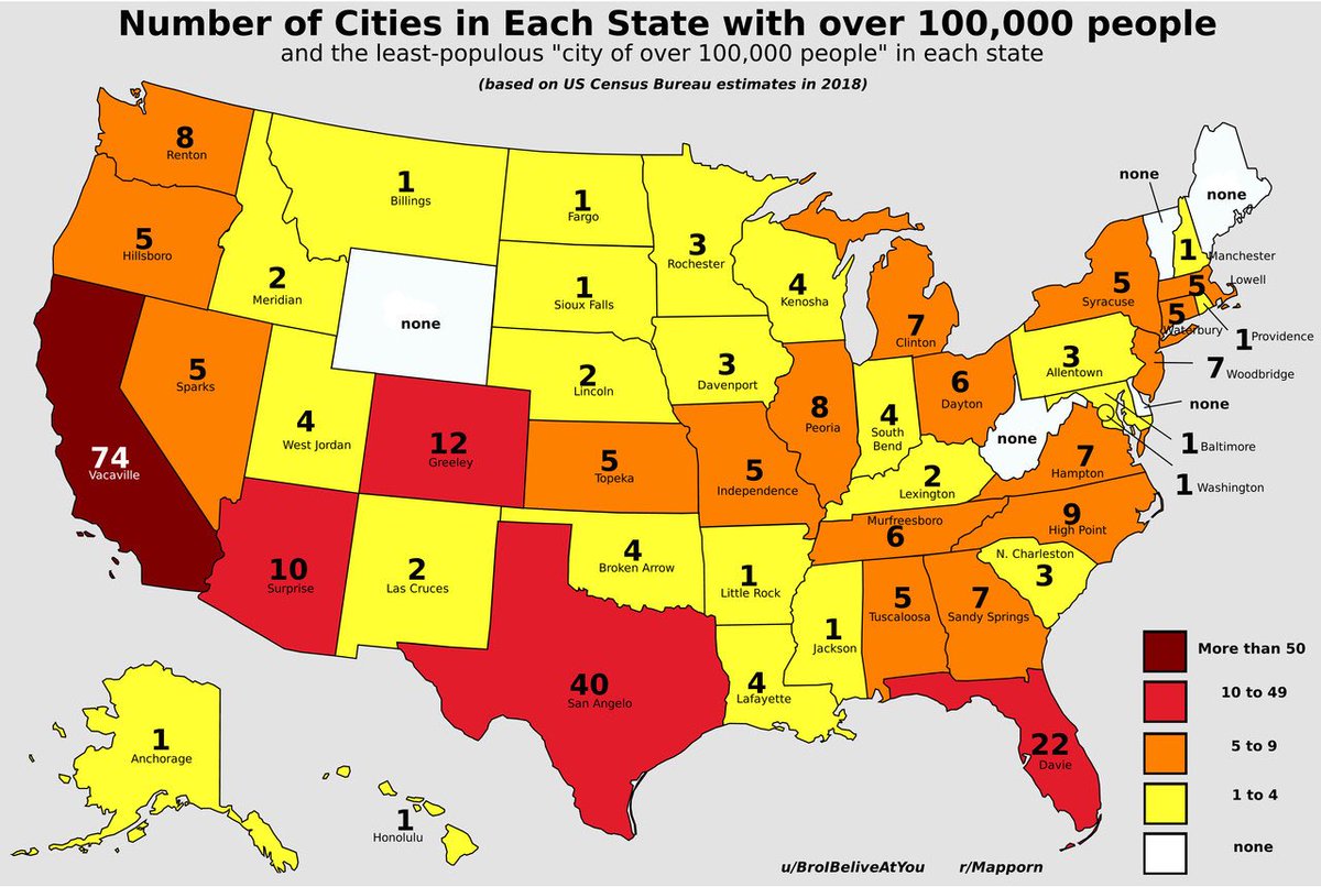 地図フリーク Di Twitter 米各州で人口10万人超えの都市の数https T Co 8pl6ouyf5k 100万人超えではない 中西部 ロッキー山中の多くの州で1 4都市 黄 ワイオミング州は無し 白 コロラド州だけ多い理由はhttps T Co Jp3ljhw95h なお 本土48州の平均