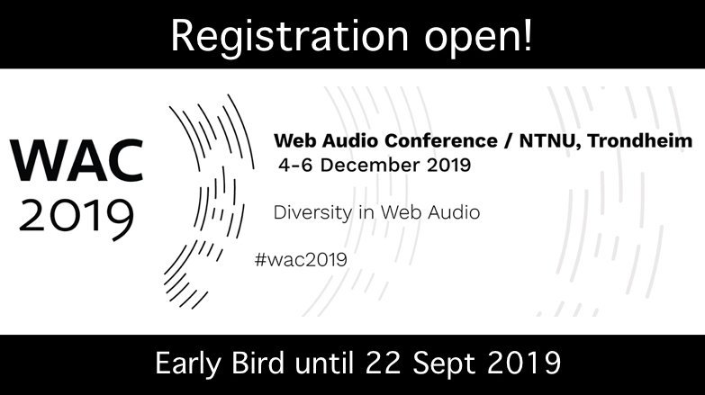 WebAudioConf's tweet photo. Our registration system is now open! 😎
https://t.co/lsn9GcSaCD

Early-bird registration until September 22, 2019.👈

The ticket includes the conference, the reception, the concert, the banquet, the workshops, the final party. 🥳

Can’t wait to meet you all in Trondheim! 🎤 https://t.co/RHGliFhv4y