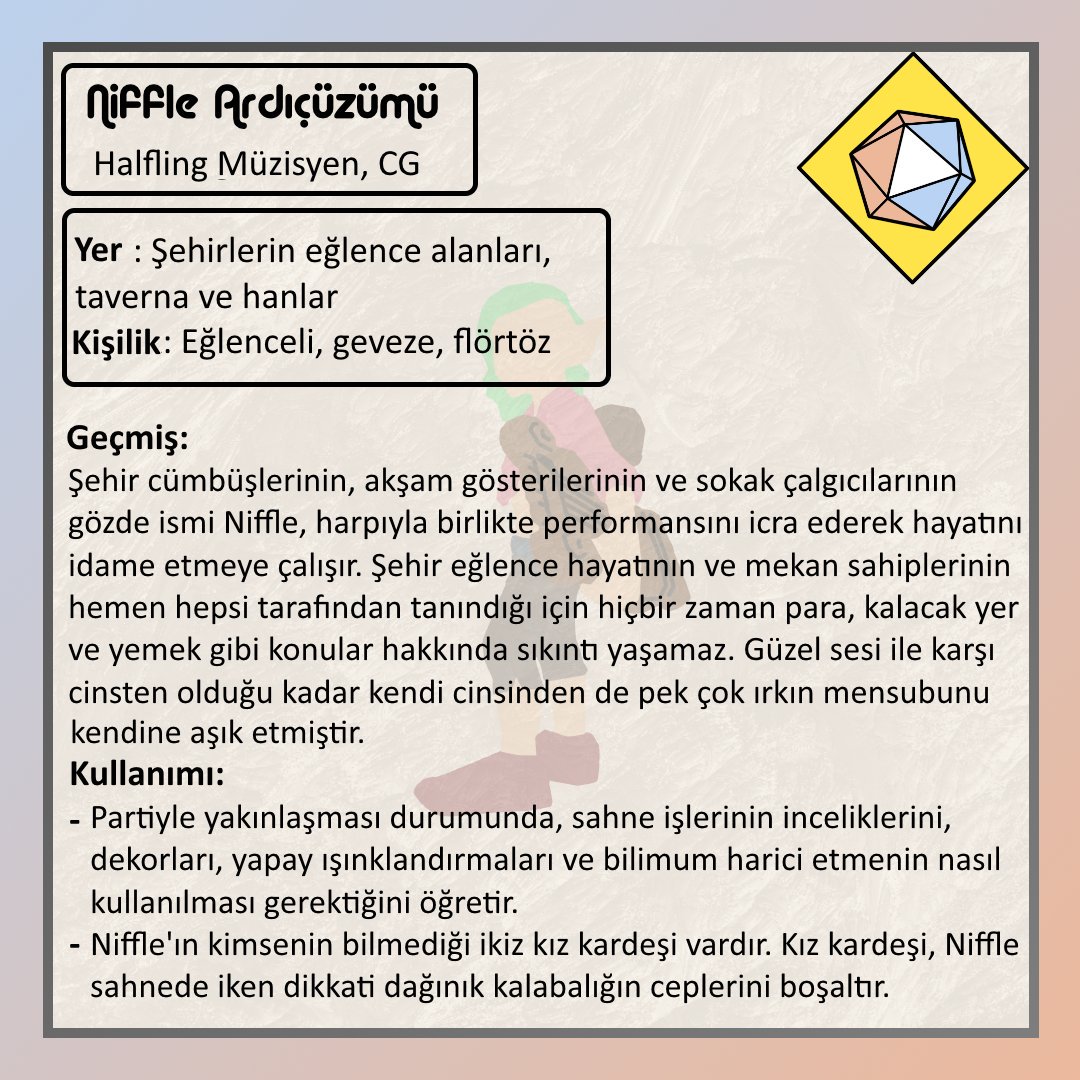 Npc serimizin 4. paylaşımı Niffle Ardıçüzümü. Eğlenceli ve yetenekli. Ama aynı zamanda bir de karanlık sırrı var 😄😈

#frp #DnD #müryo #npc