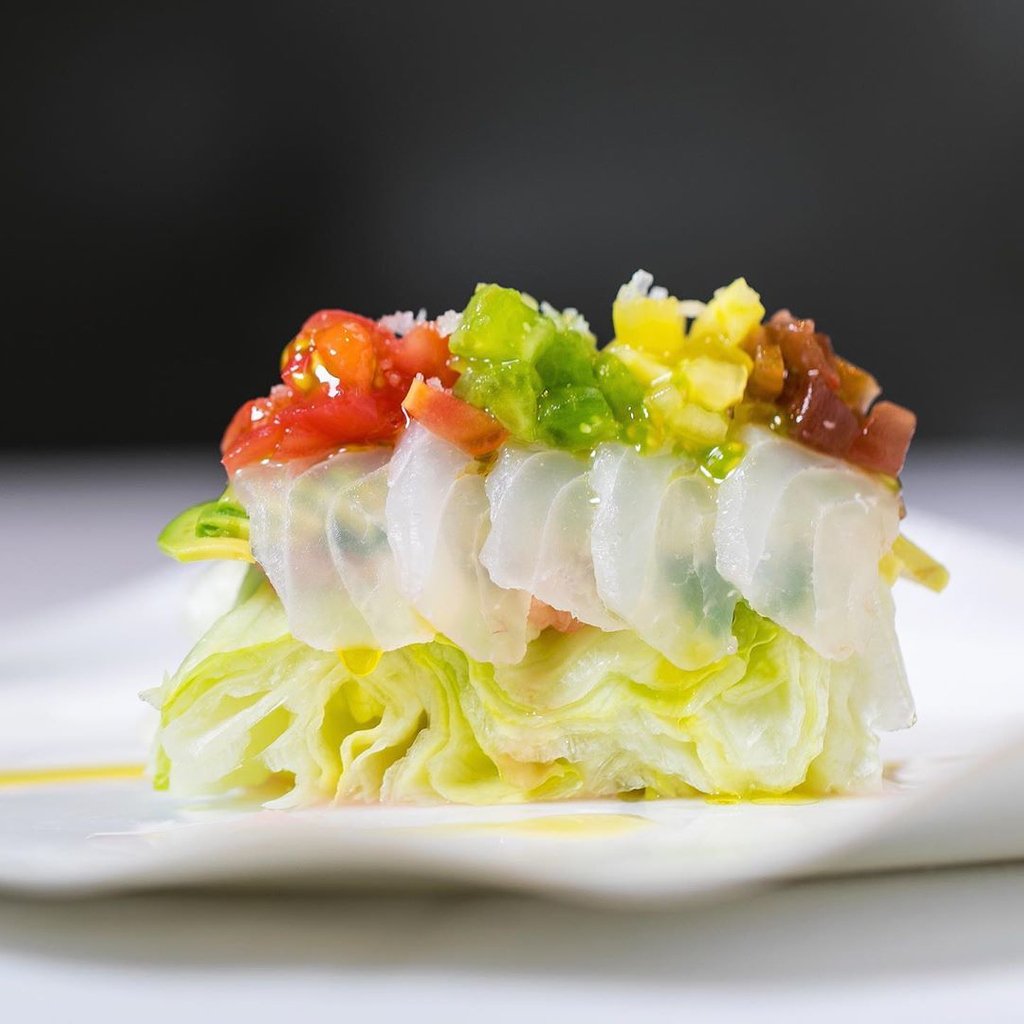jgdubai's tweet photo. Madai Sashimi, Iceberg Lettuce, Cherry Tomato and Cilantro. https://t.co/vWUUg4aVlM