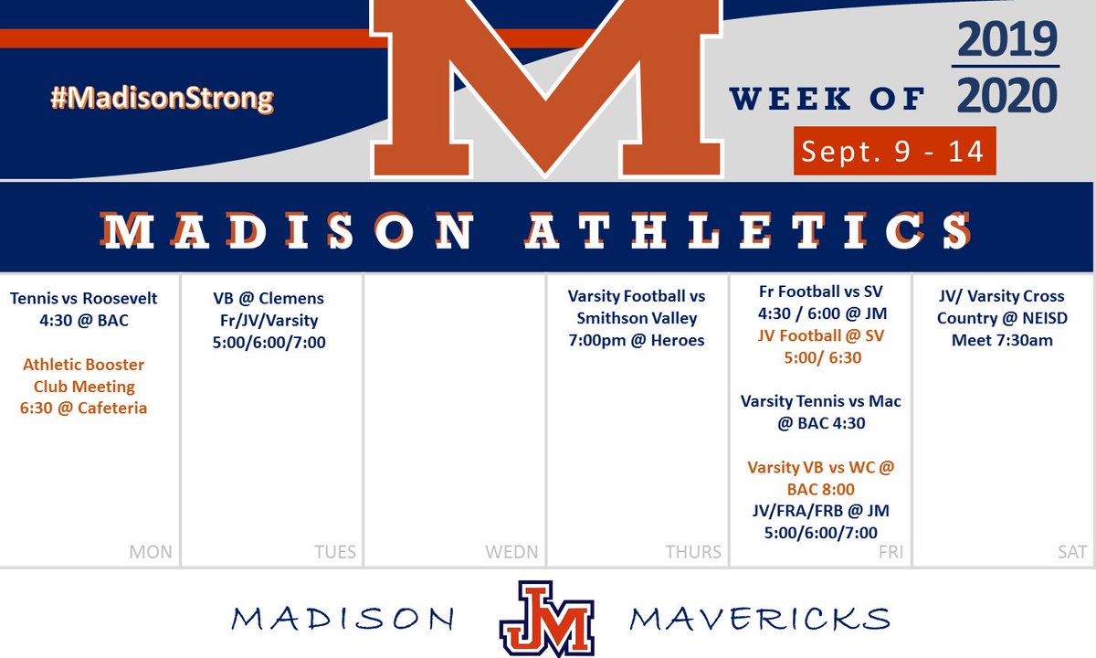 jm_mavs's tweet photo. Athletic Schedule for the week of September 9th - 14th: https://t.co/9XN3P07n4D