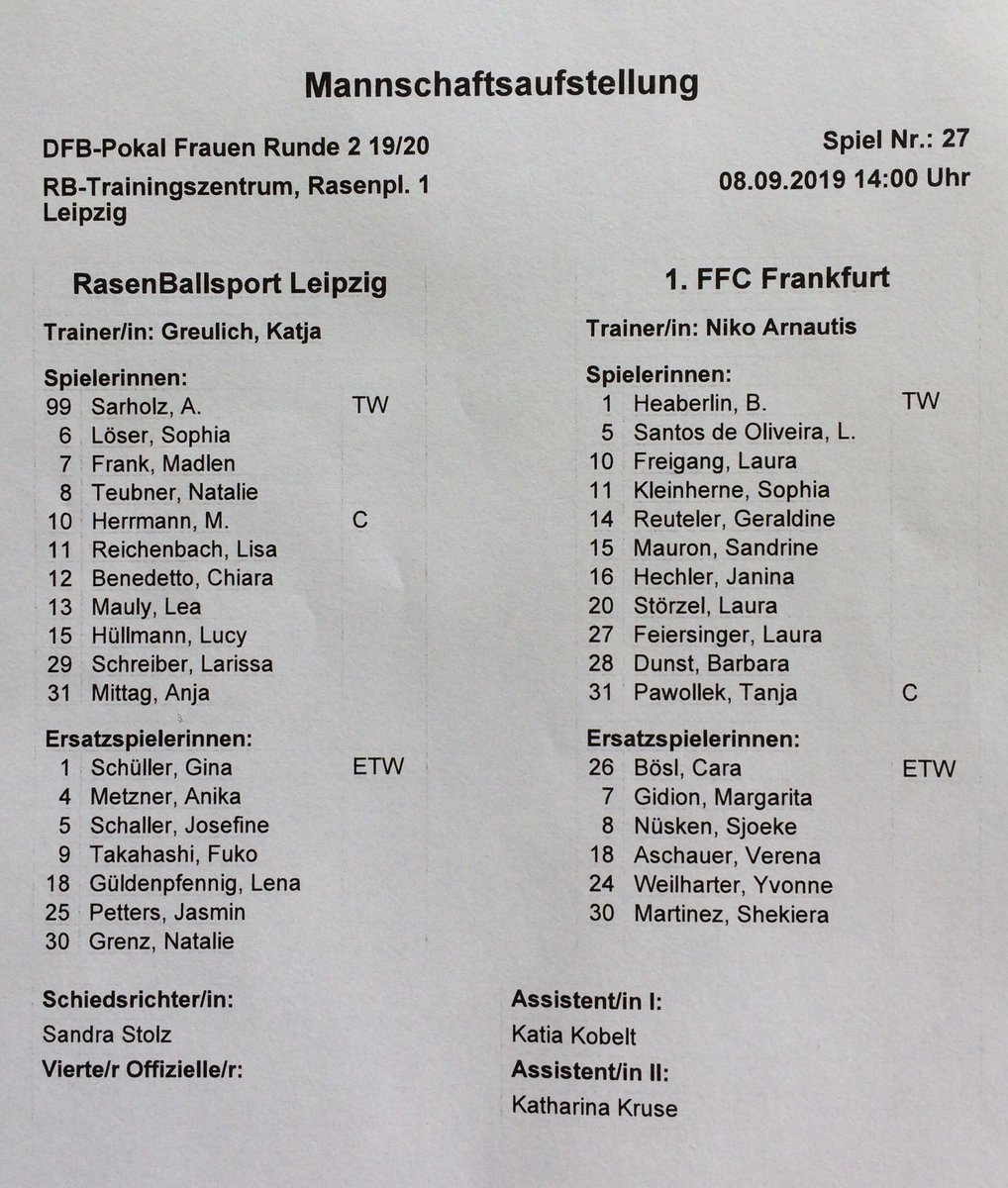 HenzeJens's tweet photo. Die Mannschaftsaufstellungen zur Partie #RBLffc
#RBLFrauen https://t.co/i5bx6hASgm
