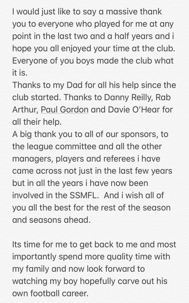 Due to some personal stuff outside of football i have decided to call it a day. I had planned to leave a while back but wanted to wait and make sure everything at the club was settled and in place for someone to step up or come in and take over. 

@Scottish_AFF 
@OfficialSSMFL
