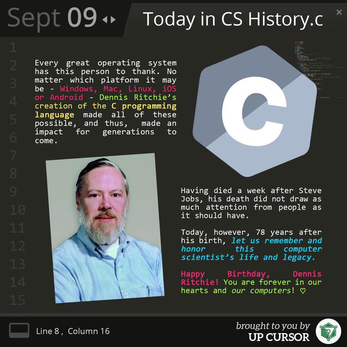 UPCURSOR's tweet photo. UP CURSOR Presents: Today in CS History!

We celebrate the 78th birthday of Dennis Ritchie – the inventor of the programming language C! Without this person’s contribution, our software wouldn’t have come as far as they are today. https://t.co/i5av318Cog