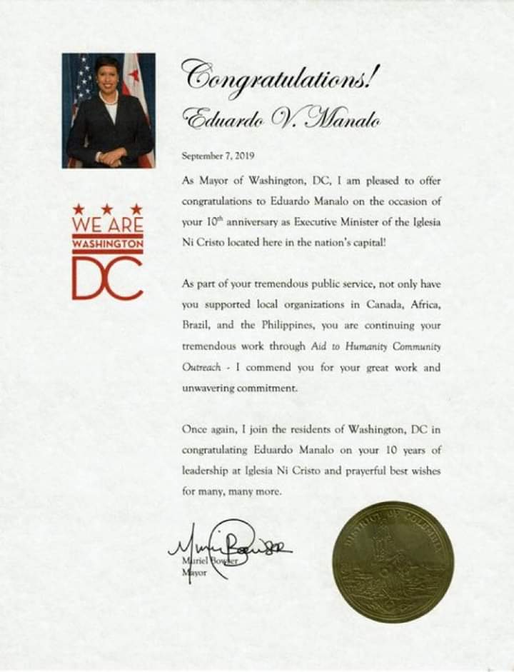 kdarnayla's tweet photo. Washington, DC Mayor Muriel Bowser congratulates Iglesia Ni Cristo Executive Minister Brother Eduardo V. Manalo on his 10th Anniversary as Executive Minister of the Church.

#INCGiveGodGlory #EVM10Years https://t.co/jorjISejus