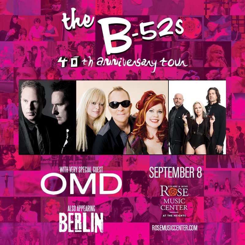 RoseMusicCenter's tweet photo. TONIGHT: @TheB52s bring their "40th Anniversary Tour" with @OfficialOMD and Berlin to The Rose! Doors open at 6:00pm, Berlin begins at 7:00pm followed by @OfficialOMD and @TheB52s will close the show. *Dance This Mess Around* with us at The Rose: https://t.co/ur2lSqsppU https://t.co/v6moDdPU3l