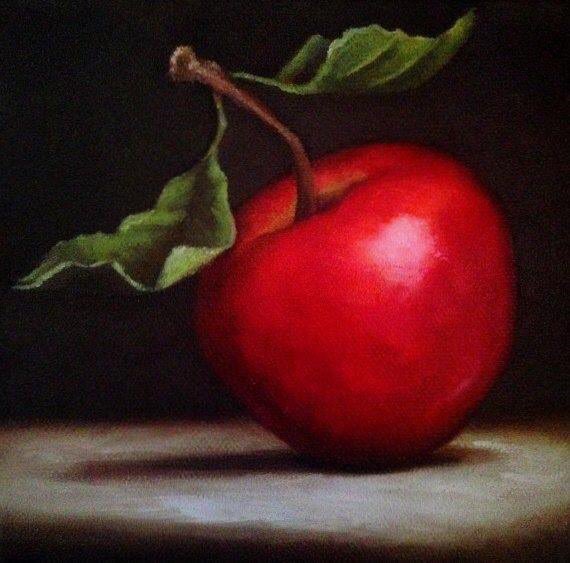 A 6x6” study of an apple, painted in a classical style with chiarascuro lighting.Done to demonstrate the painstaking process, called the Flemish technique, that is undertaken during the painting process.A compilation progression photo of this technique follows the study.