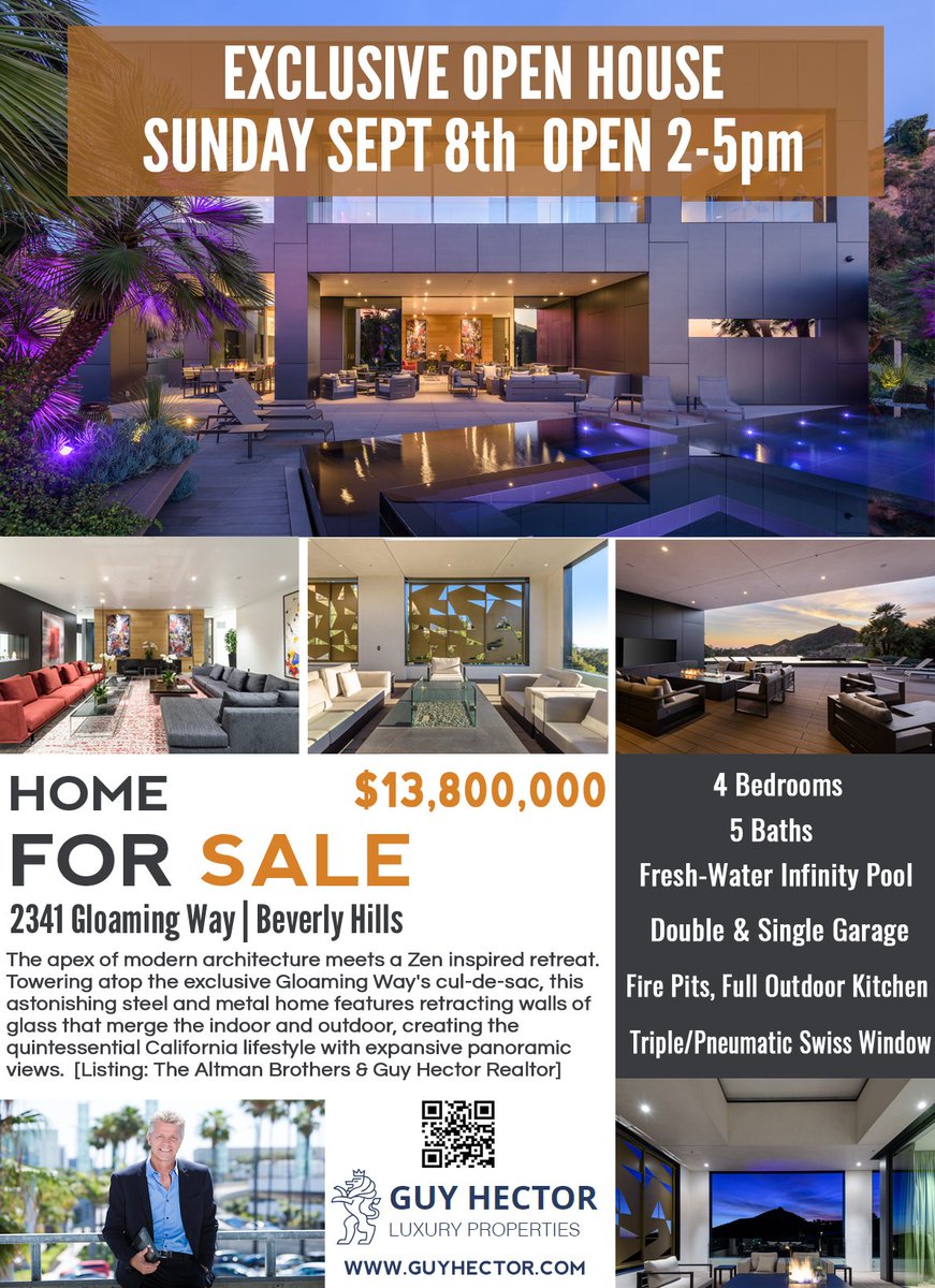 Don't Miss this Exclusive Open House TODAY!
Ultramodern Steel & Glass fortress atop private ridge in Coldwater Canyon, Beverly Hills PO. 
#OpenHouse  #MillionDollarListing #MillionDollarHome #luxuryrealtor #GuyHectorrealtor #BeverlyHills #CarswellandAssociates #DouglasElliman