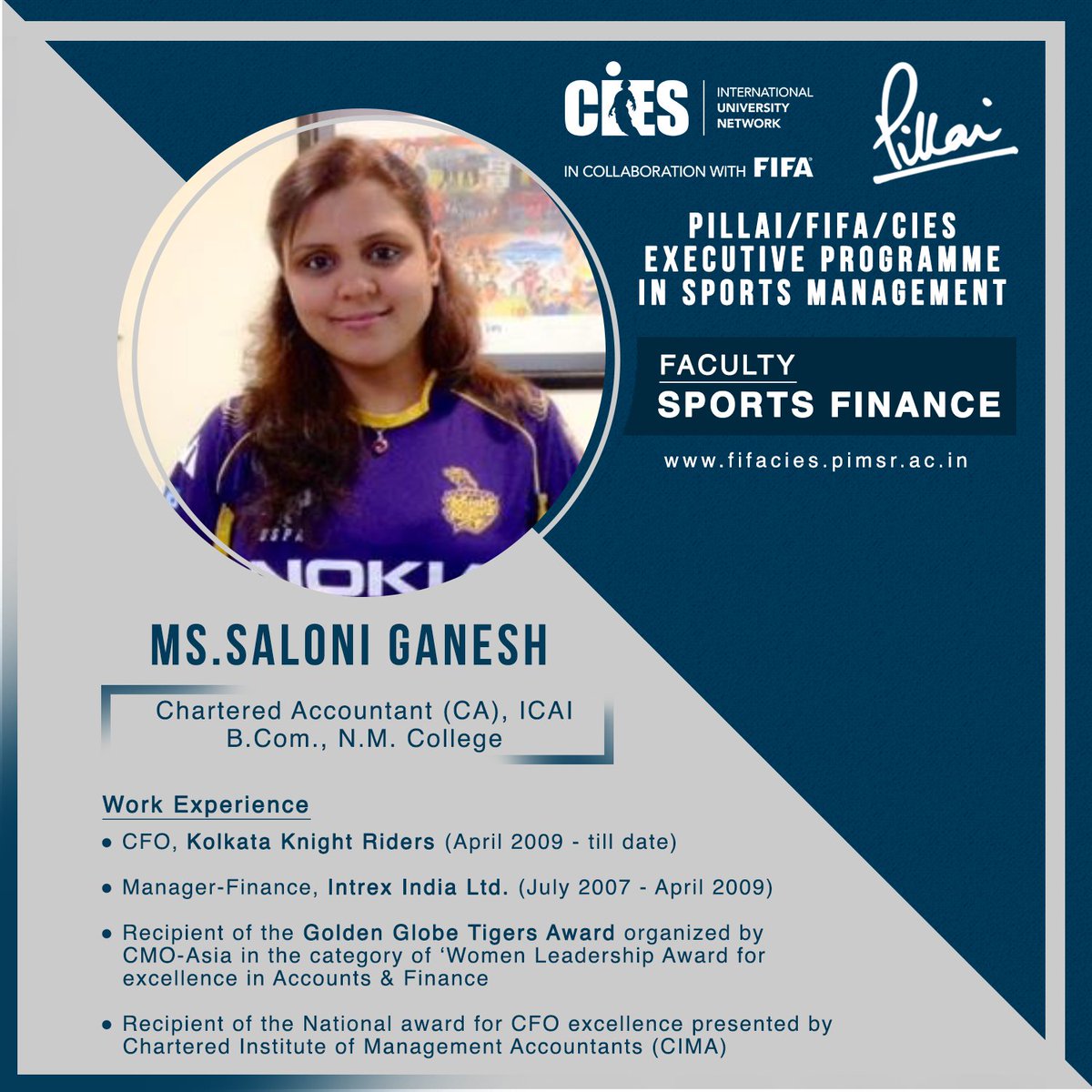 FifaCiesIndia's tweet photo. Proud to have Ms.Saloni Ganesh, CFO of @KKRiders IPL Team as the expert faculty of the Sports Finance Module at @FifaCiesIndia. 

#fifaciesindia #pillaififacies #sportsmanagement #india #sportseducation #fifaciesuninet #kkr #kkriders https://t.co/ZrWUHQkBx9