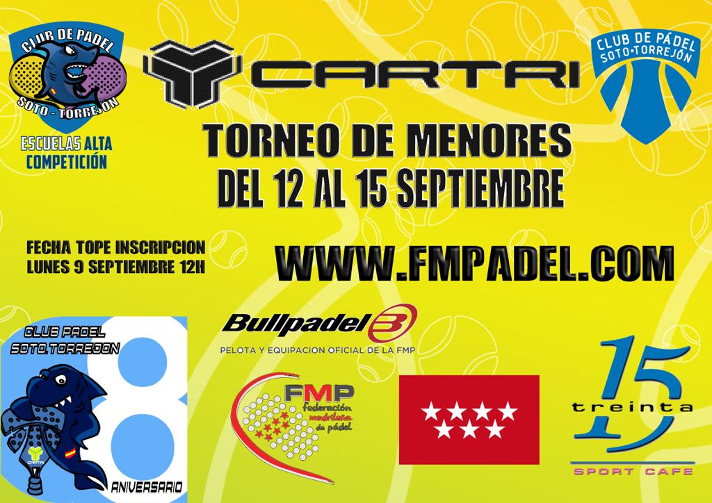 Continúa abierta la inscripción para la III PRUEBA MENORES CIRCUITO CARTRI. CAT A del 12 al 15 de septiembre en <a href="/SotoTorrejon/">Padel Soto Torrejon</a> Puedes apuntarte hasta mañana lunes 9 de septiembre a las 12h aquí: ow.ly/1DtX30psvew