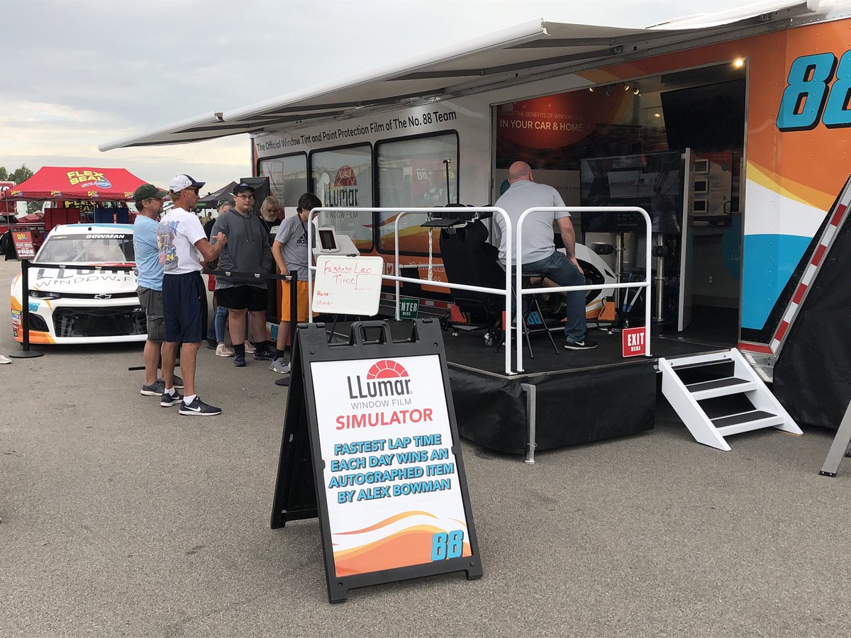 llumarfilms's tweet image. Can you set the fastest lap time? Come by the LLumar Mobile Trailer in the fan zone (@IMS) and take a drive in our simulator. 

The fastest lap time today will get an autographed @AlexBowman88 item. #LLumar88