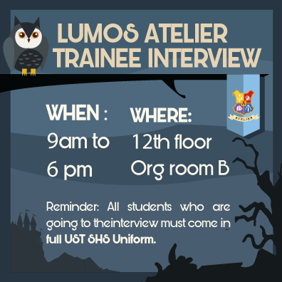 USTSHSAtelier's tweet photo. Re: INTERVIEW DAY 3 FOR TRAINEE APPLICANTS
Please be guided with the time allotted for the 2 batches for September 9, 2019.
SEE YOU TOMORROW! ๐
#LUMOS2019
#AtelierLumos2019
#AtelierRecruitment2019
#USTSHSAtelier2019
Pubmat by Marvi Krisly Reyes (@IRMarviXIII) https://t.co/UM9EamKAny