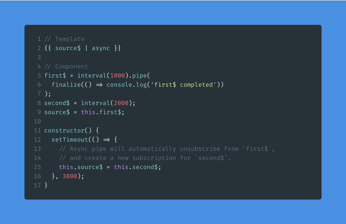 ritchiejacobs's tweet photo. Good to know: AsyncPipe will not only unsubscribe when a component is destroyed but also when assigning a new value. #angular #rxjs https://t.co/QbLOOgMWP3