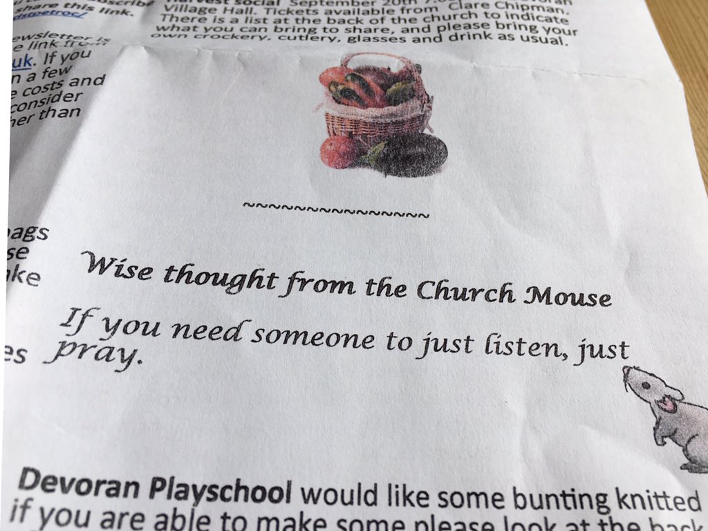 paulbcornwall's tweet photo. Wise thoughts from the Church Mouse... βIf you need someone to listen... just prayβ
A joy to pray with and to be prayed for ...this morning at St John & St Petroc #Devron #Cornwall @DioTruro https://t.co/JyQaTivxNv