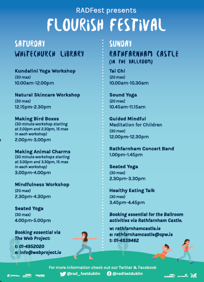 RAD_FESTDUBLIN's tweet photo. We are delighted to publish our final line up for #flourish a free local  #Wellness week event taking place 14 &amp; 15 September. Booking details below. https://t.co/r72i4rQxuW