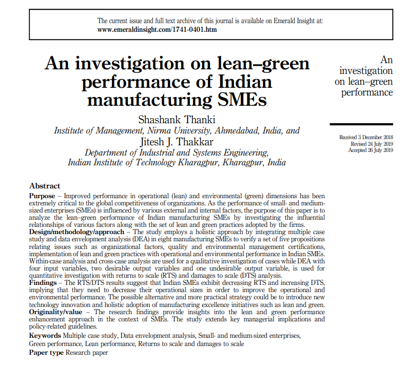 DeptISEIITKGP's tweet photo. Congratulations to Prof. Jitesh J. Thakkar for their recently published article titled "An #Investigation on #Leanβ#GreenPerformance of #IndianManufacturing #SMEs" in IJPRM. https://t.co/Zu9ML7wkkL
#MultipleCaseStudy #DataEnvelopmentAnalysis #LeanPerformance https://t.co/ZgPplY7K5k