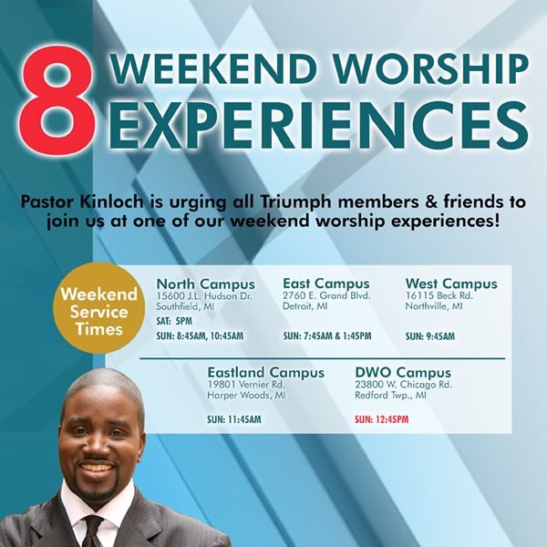 TriumphDetroit's tweet photo. Itโs BacktoChurch weekend at #TriumphChurch! Join us in worship at our East, Eastland, North, DWO or West campus! Donโt miss this opportunity to give thanks unto the Lord! https://t.co/WXGKrMlY5S
