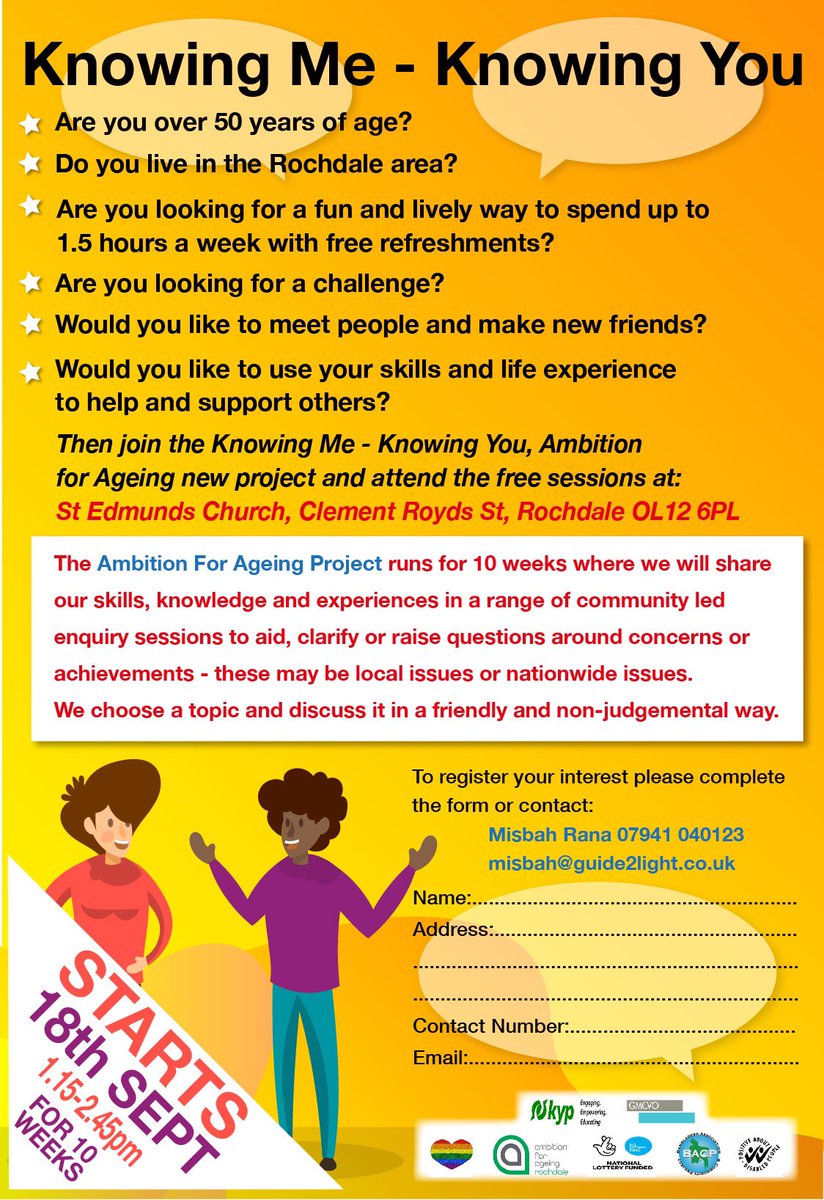 StEdmundsRoch's tweet photo. Time on your hands ? #Over50 #Rochdale #Community #KnowingMe-#KnowingYou it’s more than a #ABBASong 🤫 an #Exciting new project #Guide2Light @StEdmundsRoch starts Wednesday 18th #Sept @ageing_for @AgeUKRochdale @RochdaleCouncil @mfp_rochdale @falingematters @FalingeHub @TheCCT https://t.co/ZPQ97RYne9