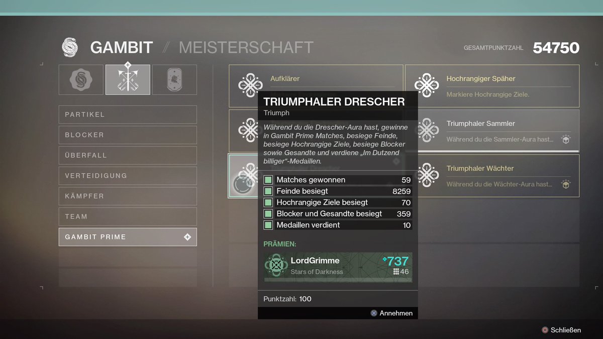 LordGrimme's tweet image. Ich möchte mich bei meinen Clan Mitgliedern @Ryujong00 &amp;amp; @Angel_Dust_1971 für den spontanen Support bedanken. Aber mich auch bei @MissKuri89 vom Clan der @LiittleLiight Clan bedanken, welche mit mir einige Runden auf dem Schlachtfeld gedreht hat.

#GambitPrime #Destiny2