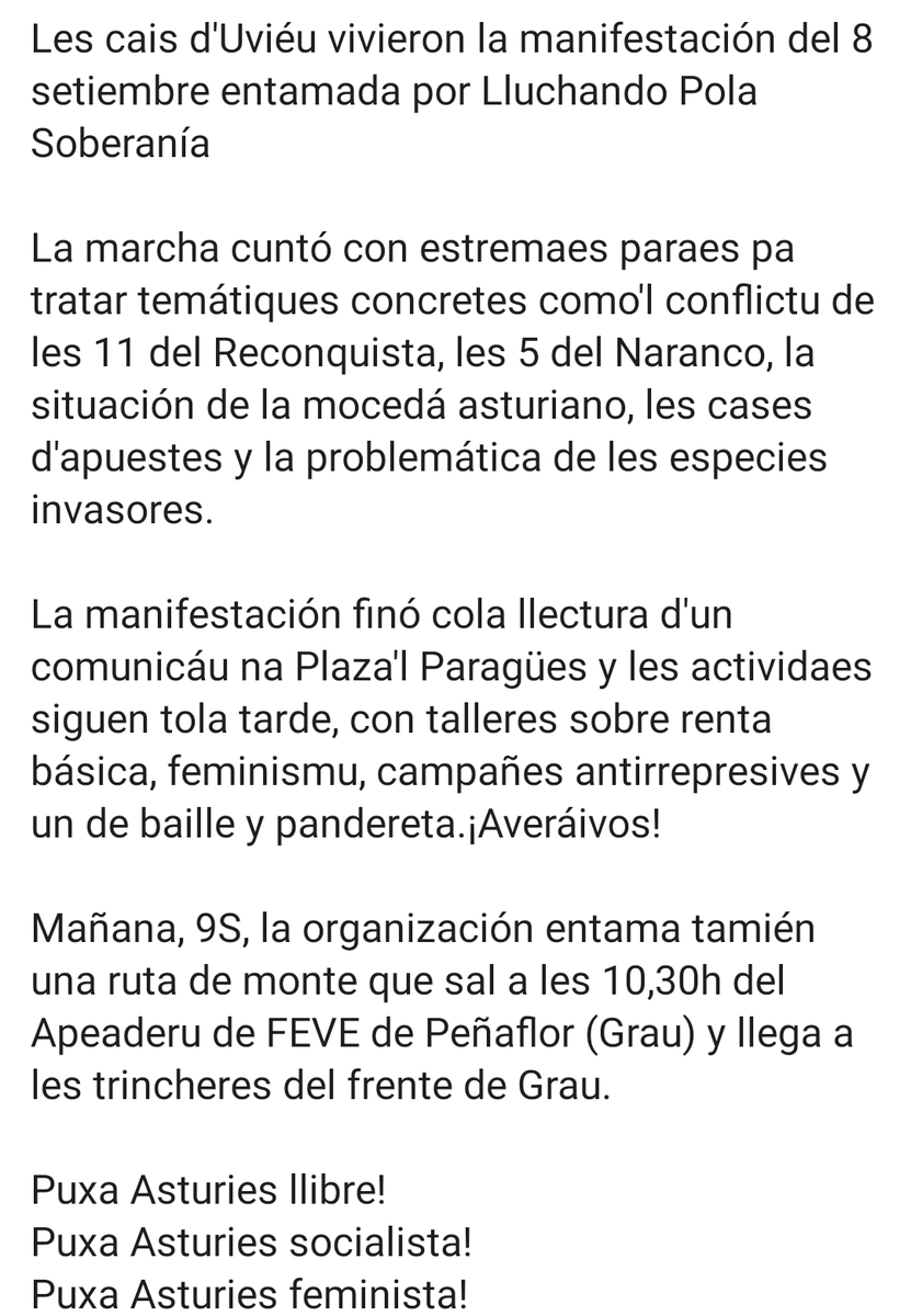 PolaSoberania's tweet photo. Manifestación del 8S entamada por Lluchando @PolaSoberania. ¡Siguimos coles actividaes na Plaza'l Paragües y talleres! ¡Participa y organízate!
#PuxaAsturies llibre, socialista y Feminista! https://t.co/0etyKkEXsA