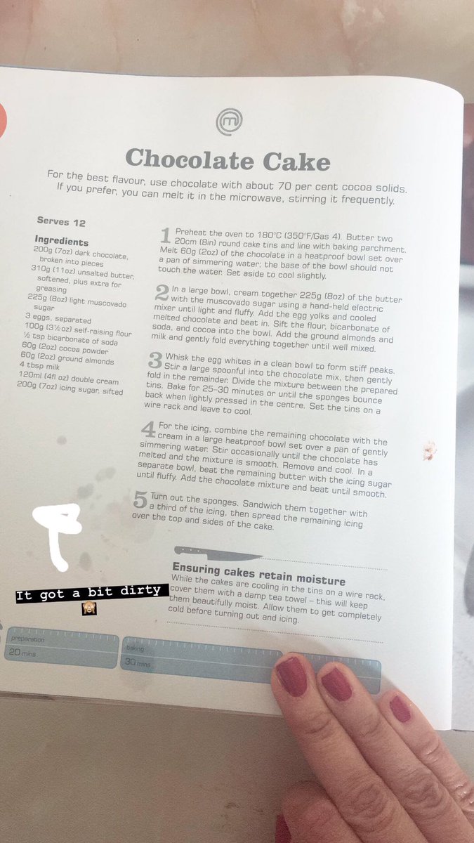 Posted this recipe of a cake I made apologising for the dirt on the book. Someone said: “A dirty spattered page in a cookbook is always a sign of a good recipe!” How true? #bakeoff