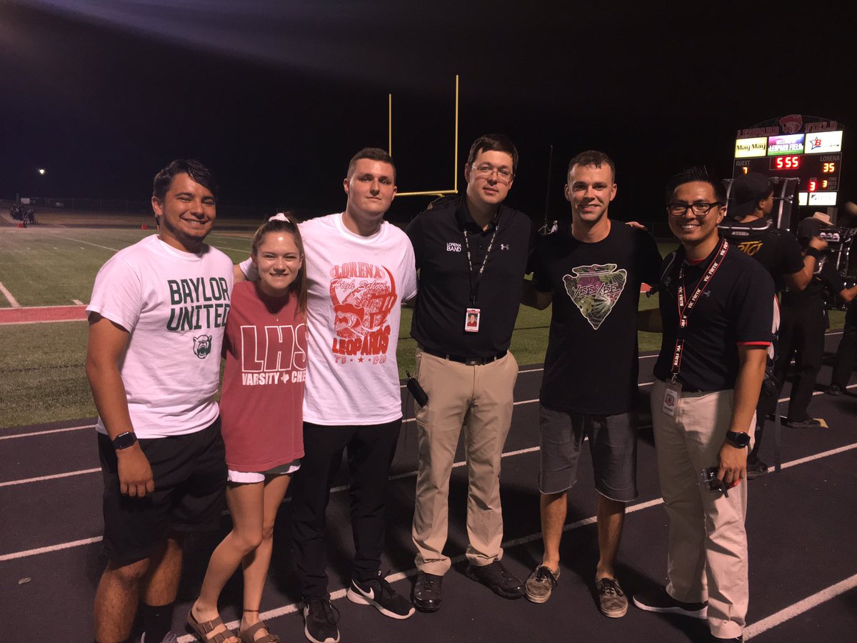 LorenaHSBand's tweet photo. Four generations of Lorena drummers met up at Friday’s home game- including 2004 graduate Dusty Saxton, studio musician and drummer for several bands, including Granger Smith!  #LHS_Leopards #lisdfuturefocus https://t.co/nO4bC7Er13