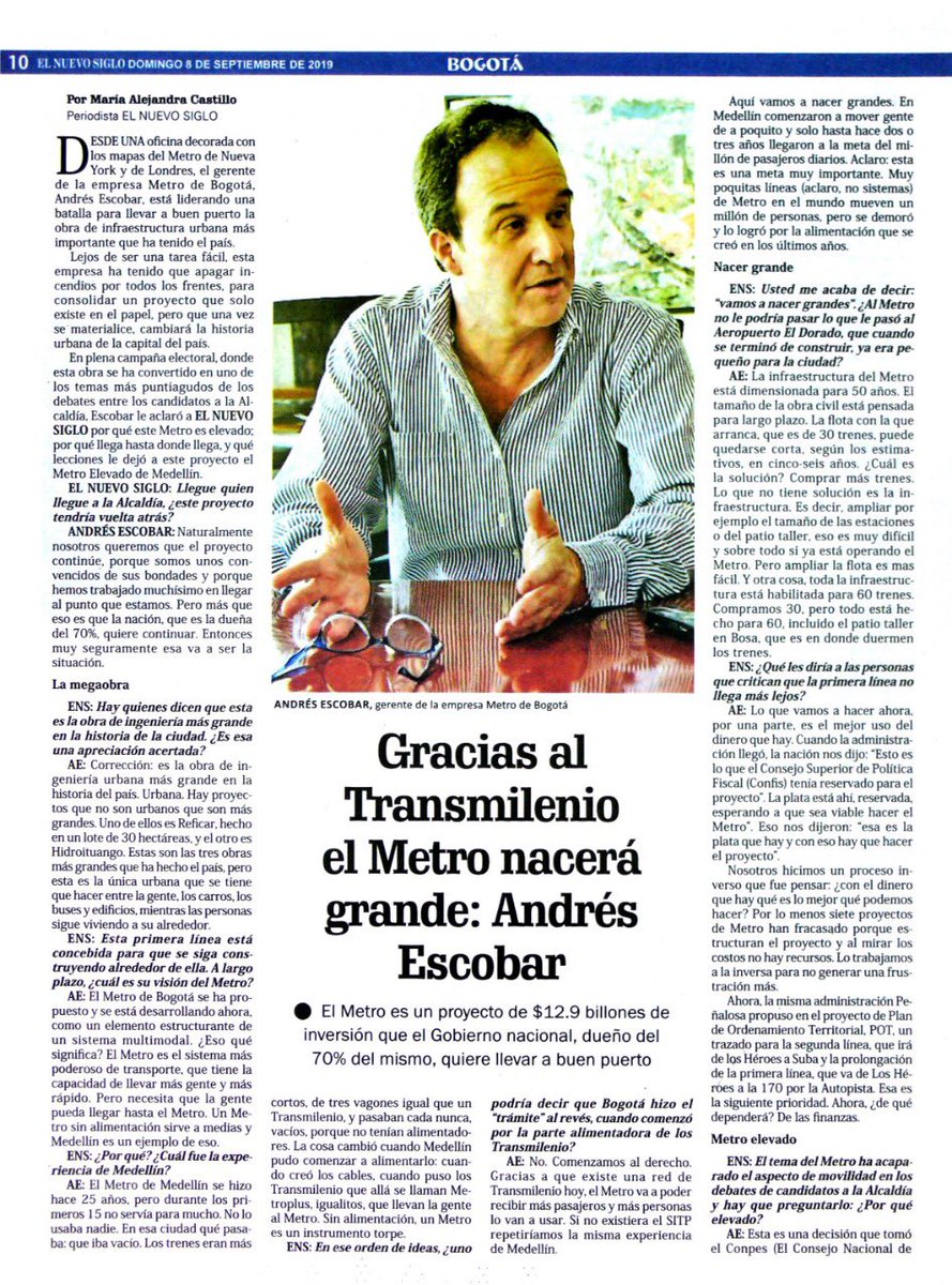 MetroBogota's tweet photo. El @MetroBogota "nace grande".
Gracias a @TransMilenio, el metro de @Bogota nacerá grande: Andrés Escobar @bienconcreto,
#Hoy en @ElNuevoSiglo 
https://t.co/1bNKDrMFPe
#NuestroMetroAvanza 
#Subámonos. https://t.co/mmpVb00vs1