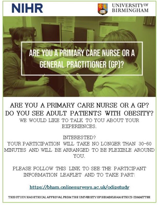 @louisebrady17 I would be so grateful if you would RT 🙏🙏 

Looking for GPNs to take part in an interview over Skype!

We would like to hear your perspectives on obesity management.

For more information and to take part: bham.onlinesurveys.ac.uk/odipstudy

#generalpractice #GPN #GPnurse