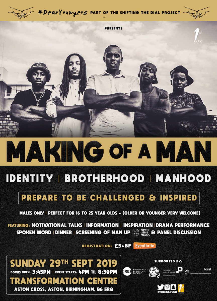 Will you be part of the 100 men coming together in BROTHERHOOD at Making of a MAN 

29th Sept 2019 

It is going to be POWERFUL!!

Guess what?? We will be providing Sunday Dinner for the Men 

Register TODAY 

Early Bird only £1 
makingofaman.eventbrite.co.uk

#TeamFirstClassUK