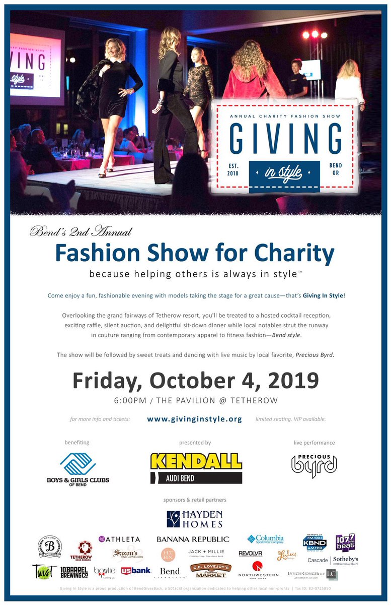 GivingInStyle's tweet image. ONLY 4 WEEKS until the 2nd Annual Giving In Style — benefiting @BGCBend! Presented by Kendall @audibend and sponsored by @HaydenHomes. Live performance by @PByrdBand 💋👠🎸🕺🏻🍸🎉 Seating is limited, VIP still available. BUY TICKETS TODAY: givinginstyle.org cc @1077Beat
