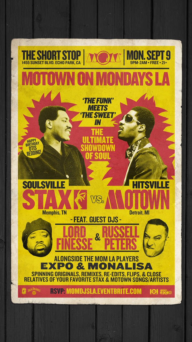 TOMORROW!!
-
🚨[MONDAY SEPT 9]🚨
<a href="/MOM_LA/">Motown On Mondays LA</a> 
#Stax vs. #Motown
-
w/ guest DJs: @LORDFINESSEDITC + @TheRealRUSSELLP
alongside MOM LA Players: @DJEXPO @MONALISA7872
#MotownOnMondays #LA #LordFinesse #RussellPeters 
-
9pm-2am <a href="/The_Short_Stop/">the short stop</a>
FREE w/ RSVP: linktr.ee/mom_la