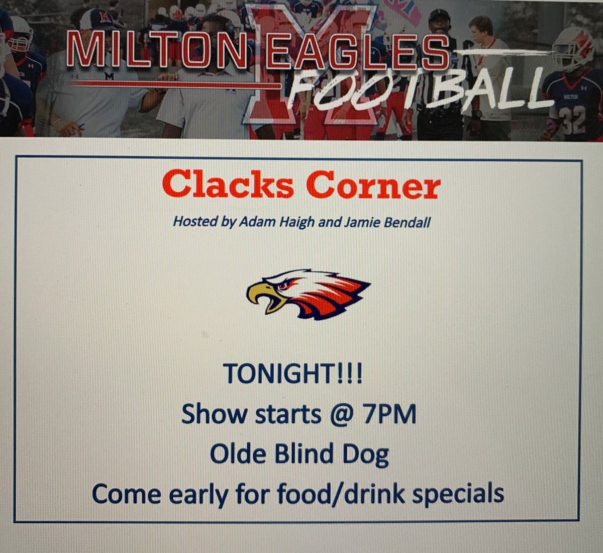 MiltonEagles_FB's tweet photo. Join us tonight at the @OldeBlindDog for Clack's Corner at 7 PM!!! We will also be streaming it on YouTube!!! #BuiltDifferent #Mpire19 #MoneyTeam19 #MT19 #GetPaid #4for4 #MbraceTheDream #BET #LFG #StartingPoint #SuddenChange #BeatJSerra #SeeYouInCali
@coachclack23 @MiltonHighSch https://t.co/O3jm7kCrAn