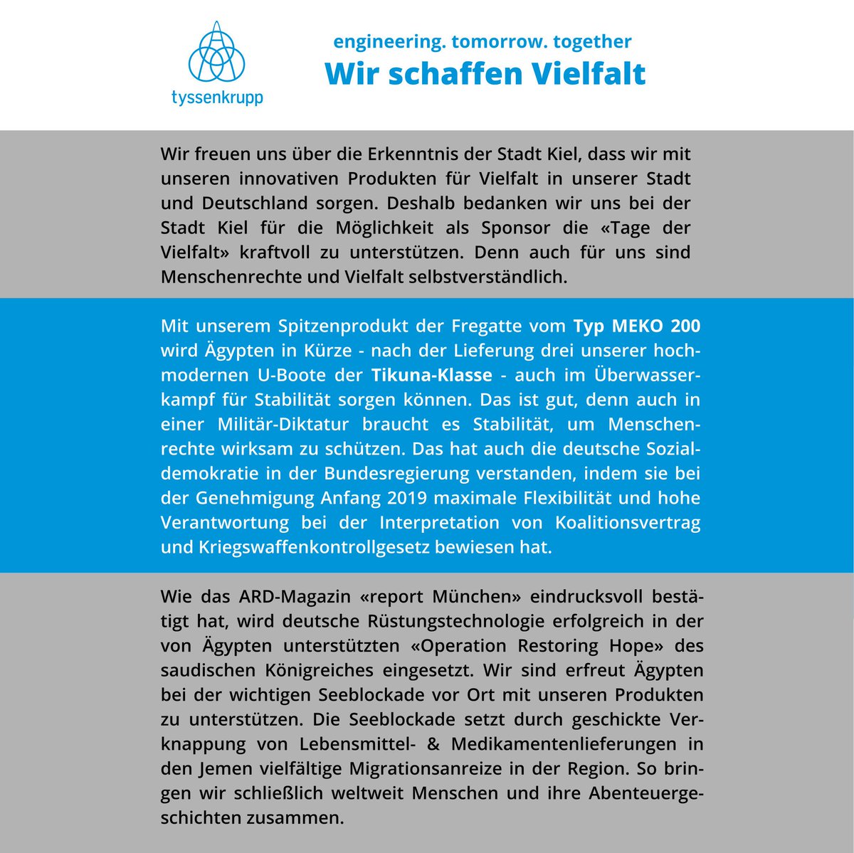 attackiel's tweet photo. „Mit Waffen Vielfalt schaffen?“ Die Stadt Kiel macht den Kriegsschiffsbauer Thyssenkrupp zum Sponsor bei einem Menschenrechtsevent. Blanker Hohn für Geflüchtete aus Kriegsgebieten.
Wir haben der Stadt mal im Namen von T(h)yssenkrupp gedankt. ;-) #frieden #menschenrechte https://t.co/DwFjqK13kC