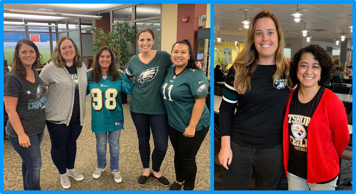 recruitment_DLL's tweet photo. It's @NFL opening weekend! @DLLgroup members in the Wayne, PA office wore their gear on Friday to support their favorite teams. We saw a lot of @Eagles merch, but they had some competition! Who are you cheering for this season? #lifeatDLL #workingatDLL @MiamiDolphins @steelers https://t.co/0cTaNBS8MU
