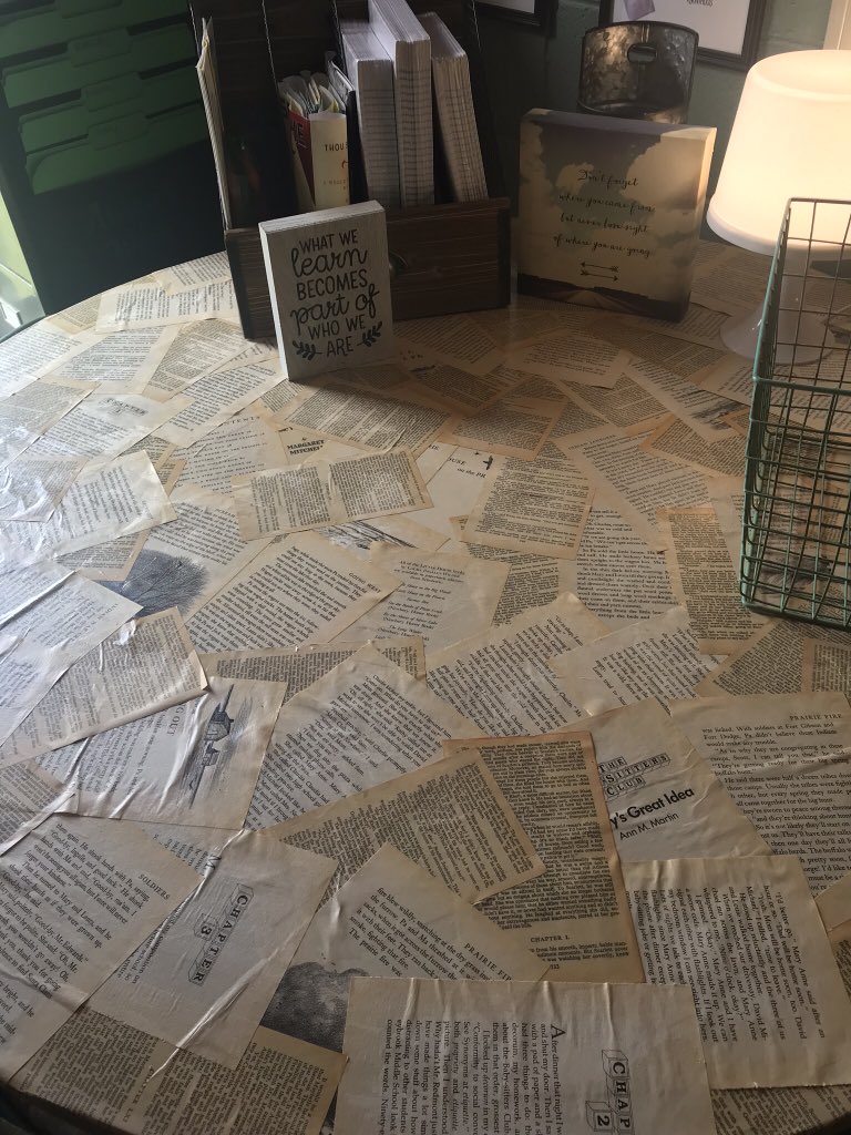TeachInTenn's tweet photo. @AlaneAdamsBooks Gone With the Wind and Little House on the Prairie series hooked me into reading. Check out the table I redid for my classroom using pages from those books ❤️😍 #shrinkmylist #clearthelist https://t.co/AlTSwS8ZOW