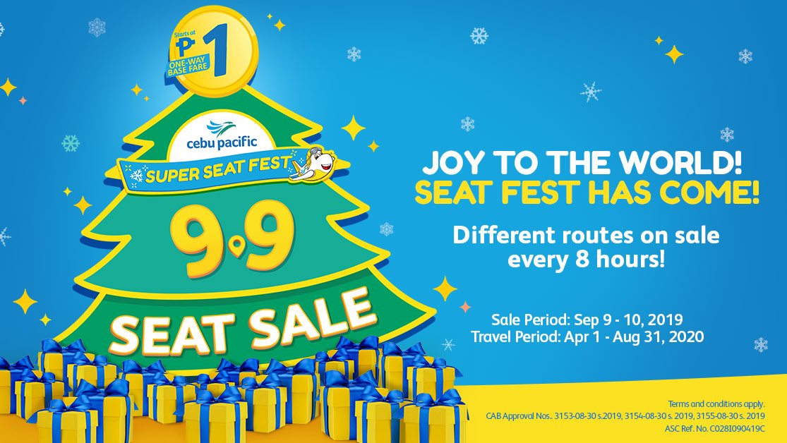 CebuPacificAir's tweet photo. Holidays are here, and it's time to cheer with our #CEBSuperSeatFest! Different routes at P1 BASE FARE every 8 hours! https://t.co/Cekw5Z88lq

No promo code needed. Payment centers available on Sep 10. Check seat sale availability here https://t.co/vUtWY7P2oJ. https://t.co/S8lpVppKLC