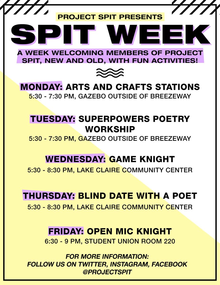 ProjectSPIT's tweet image. Afternoon, artists! We got a whole week of fun planned ahead with SPIT WEEK! Starting tomorrow, we have ARTS AND CRAFTS STATIONS at the gazebo outside of the John T. Washington Center Breezeway! #projectspit #projectspit19 #spitweek #ucf19 #ucf20 #ucf