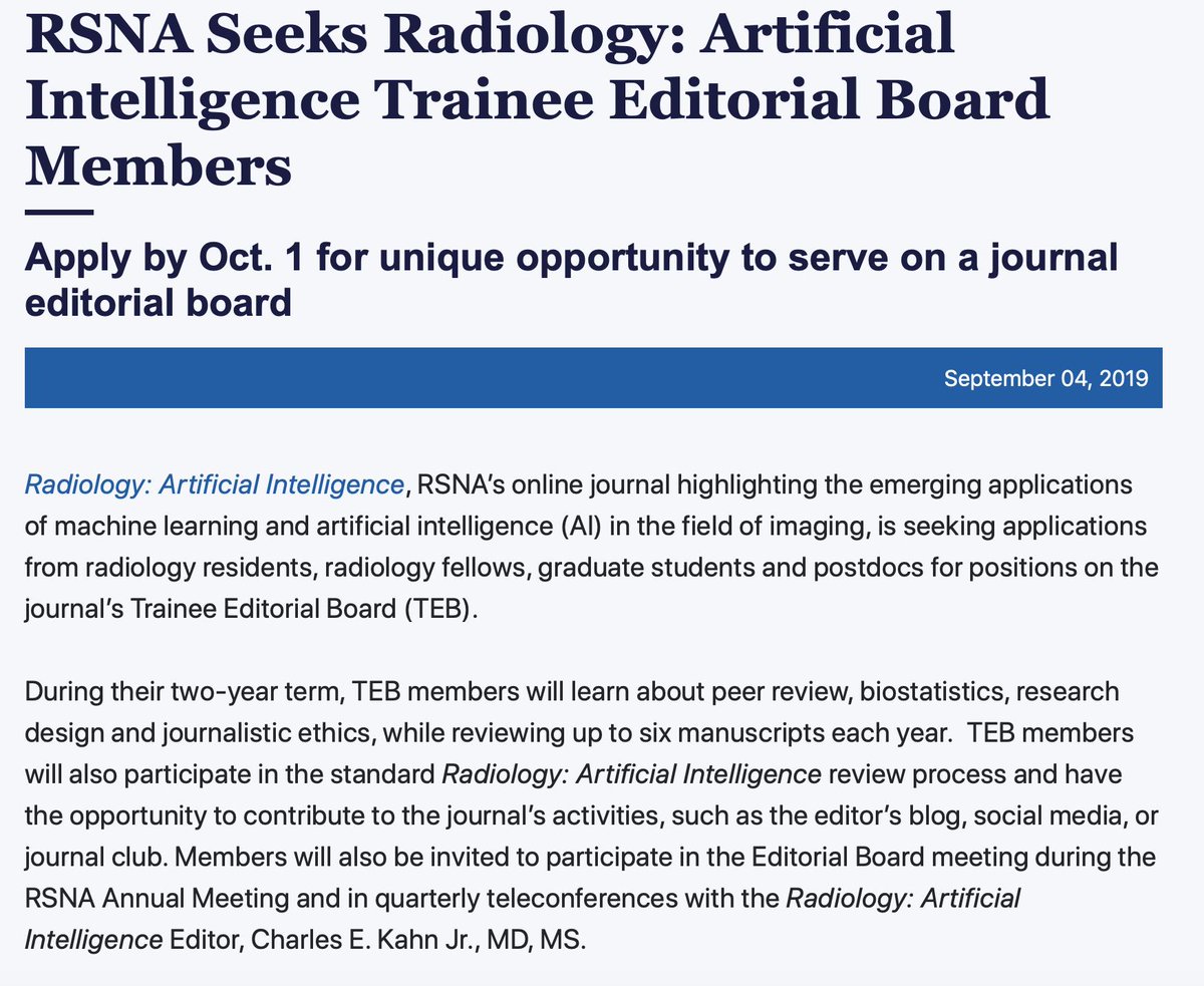I recently joined the editorial board for <a href="/Radiology_AI/">Radiology: Artificial Intelligence</a> journal to work on a new "Trainee Editorial board" - looking for a diverse group of participants both in medicine and computer science. Please share with your networks and consider applying... #machineLearning #ml4h #AI