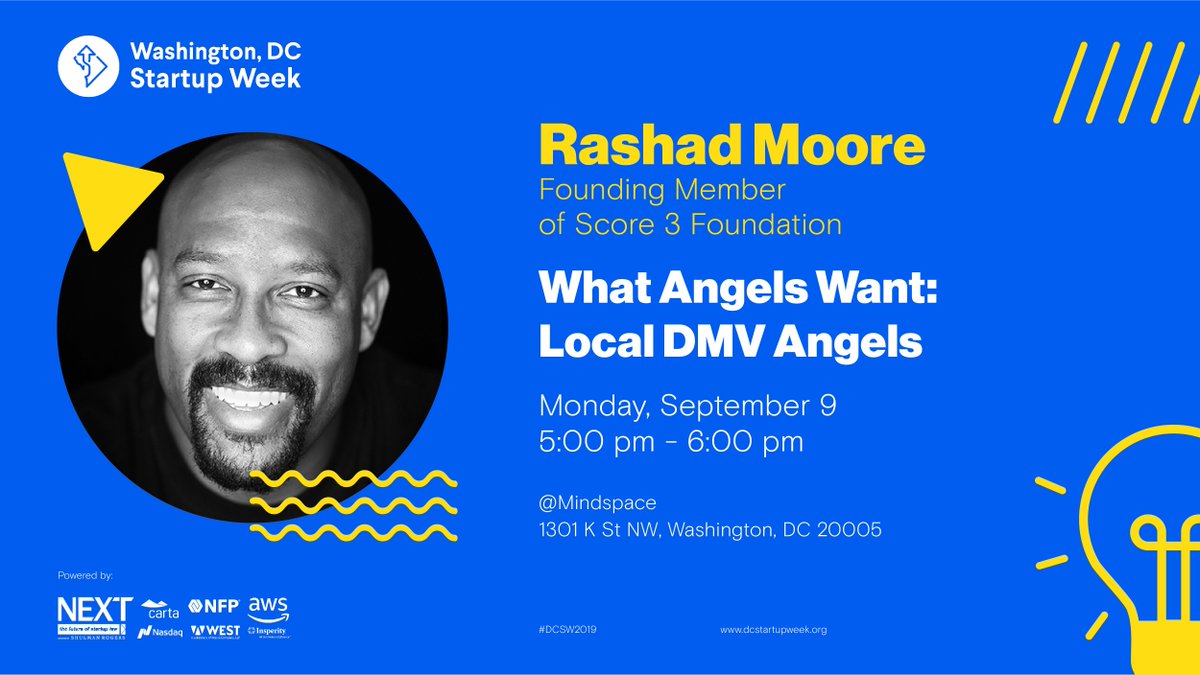 score3ventures's tweet photo. @score3angels managing partner and @GetFound_Funded supporter @rashadmoore will be speaking at the @DCstartupweek event #WhatAngelsWant: Local #DMV Angels tomorrow at 5 pm. You won't want to miss this!
#angelinvesting #DCinvesting
https://t.co/9pZnCubRjz https://t.co/8PLHlZ2eMW