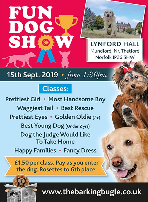 FUN DOG SHOW 15TH SEPTEMBER 1:30 - 3:30. Do you have the prettiest or most handsome dog? Maybe your pooch is the best rescue, golden oldie or rescue or the best turned out in fancy dress? Join us for a barking good fun afternoon!