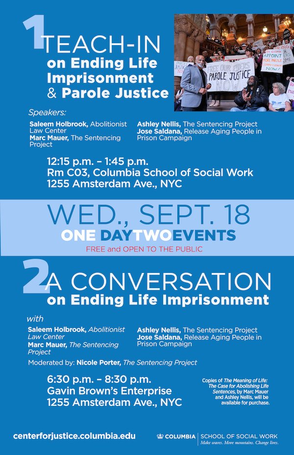 Join RAPP, @SentencingProj @JusticeColumbia & @saleemholbrook in Harlem on September 18 to #EndLifeImprisonment #EndDeathByIncarceration.