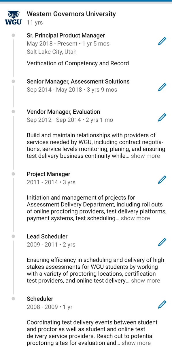 1 institution, no less than 6 titles, 11 YEARS (today), and about 14 desks, offices (including home), cubicles (at one point I worked from the break room 😅). It's been a wild ride already and can't wait to make more future happen #WGU