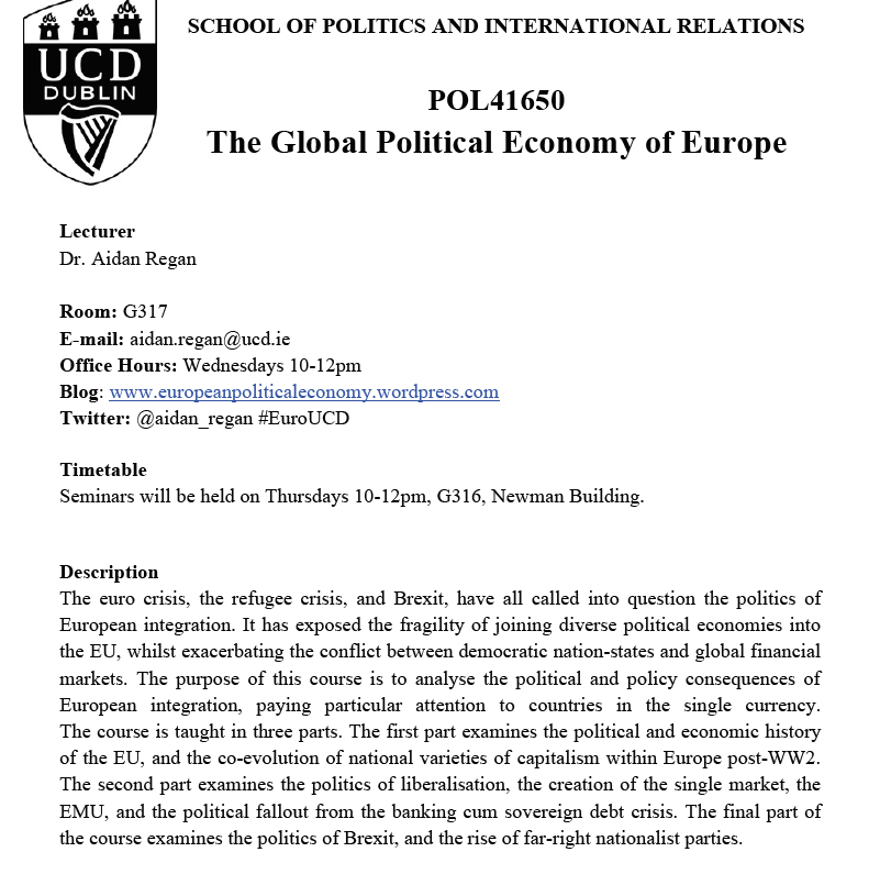 Aidan_Regan's tweet photo. Looking forward to teaching my revamped @ucdpolitics  graduate module, The Global Political Economy of Europe. 

Starting next week @ucddublin @ucdsocscilaw #POL41650 

Full syllabus: https://t.co/JRF8u415DB https://t.co/lr3tObdvUg