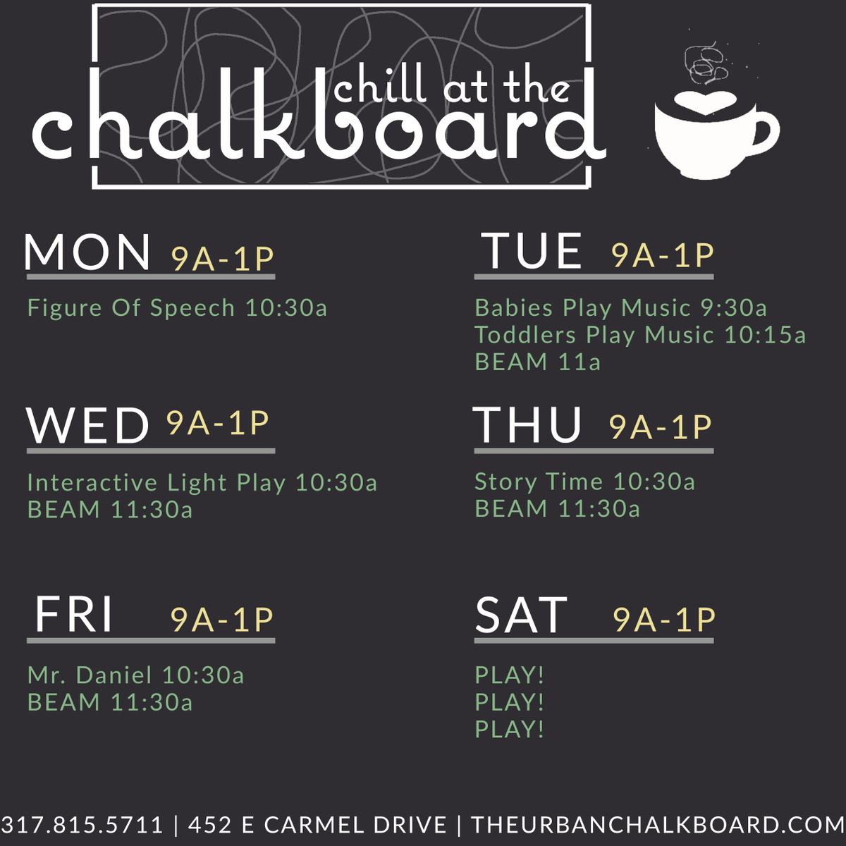 Chill At The Chalkboard This Week! 

app.getoccasion.com/xp/hd8krtc

#weeklyactivities #chillatthechalkboard #figureofspeech #playmusic #interactivelightplay #storytime #tancredibooknerds #mrdaniel #livemusic #childrensmusician  #playcafe #learningstudio