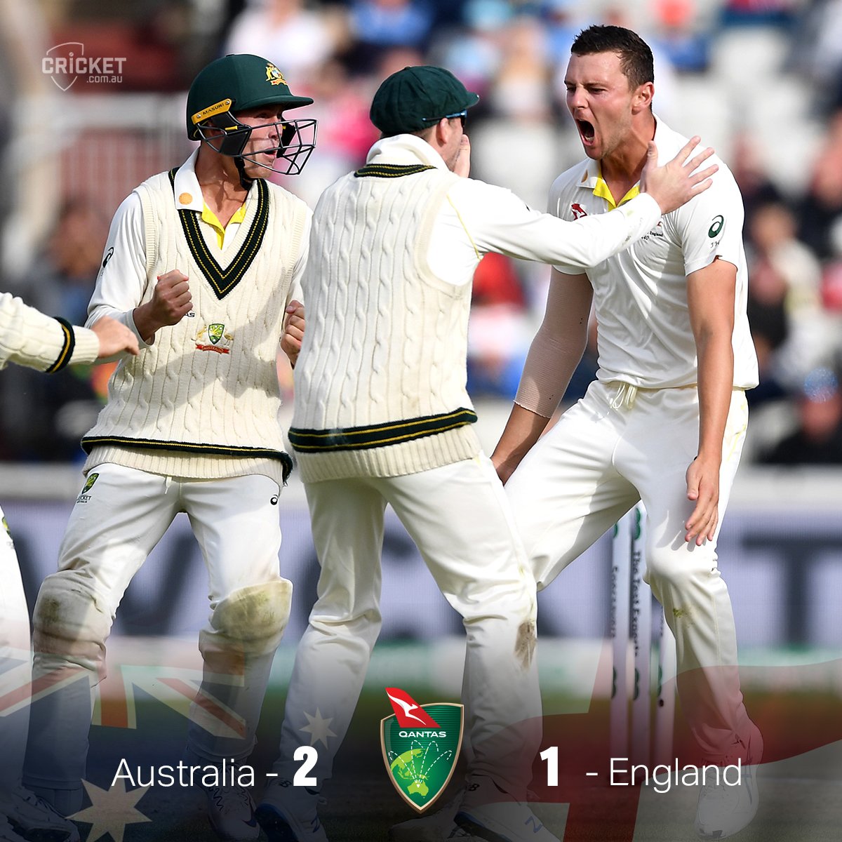 cricketcomau's tweet image. AUSSIES WIN! Hazlewood finishes it off to seal a 185-run victory at Old Trafford!

Australia retain the urn and now eye a drought-breaking series win on English soil with the final Test starting Thursday: cricketa.us/Ashes19-4