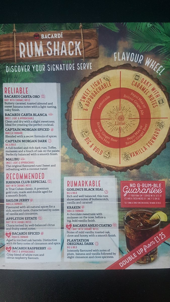 Be sure to come down and enjoy our rum shack rum deals,2 for £6 or double up and get 2 for £8.50.
Mix and match any 2 rums with either pepsi max, lemonade, britivic ginger ale, britvic ginger beer or lemonade.