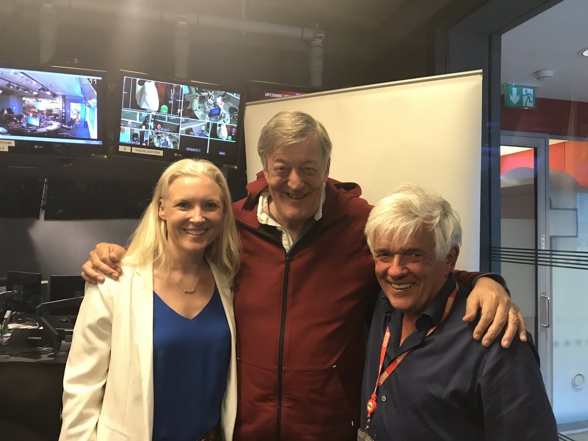 lucyEgrey's tweet photo. “Who on earth wants to be ‘on rails’? Hurray for being off the rails... wild and in a field hopping the hedges” @stephenfry talks childhood, Greek mythology, Blackadder and Brexit despair tinged with optimism. Join @petereallen and me at 8pm @bbc5live it’s well worth a listen. https://t.co/5GLwQz0SZT
