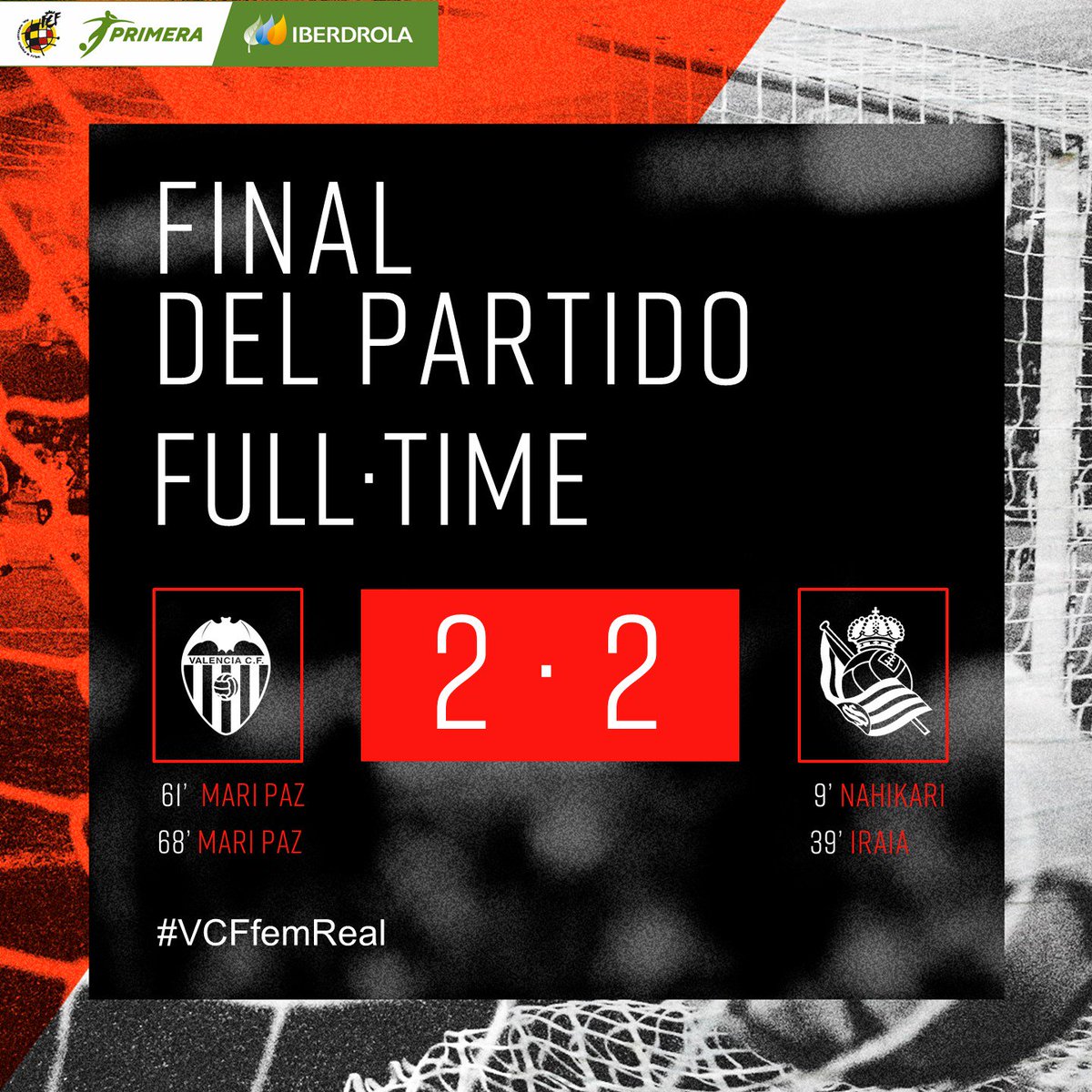 VCF_Femenino's tweet photo. 🏁 FINAL J•1 ⤵
#PrimeraIberdrola 🔥

#VCFfem 2️⃣

@RealSociedad 2️⃣

🔚 Remontada de las nuestras para empatar el partido ⚽

#VCFfemReal ⚔️
#AmuntVCFfem 🖤 https://t.co/zKuKkA0LEn